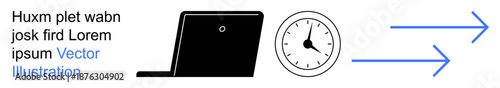 Time management, productivity, business planning, digital workflow, task prioritization, efficiency. Laptop, clock and arrows suggesting forward flow. Time management and productivity