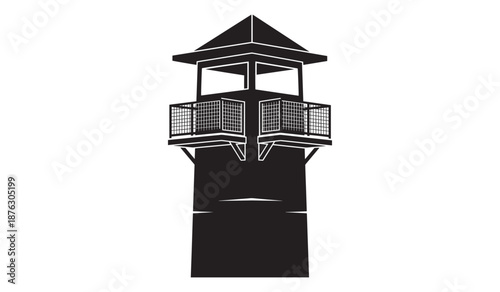 Black silhouette of a gazebo on a pier isolated on white background