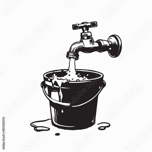 black and white Filling Tap Water Faucet Into Bucket Image Vector on White Background