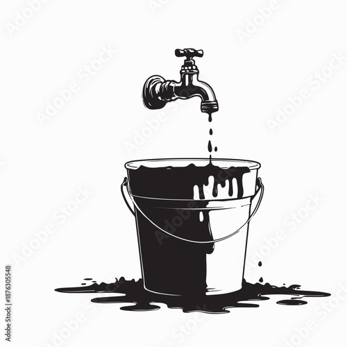 Filling Tap Water Faucet Into Bucket Image Vector on White Background