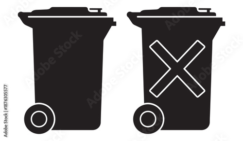 Black trash cans with one marked with a white x symbol