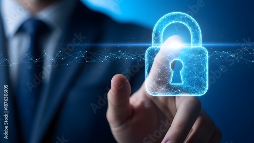 Digital Security Lock Icon With Neon Hologram Protecting Data In A Modern Business Context