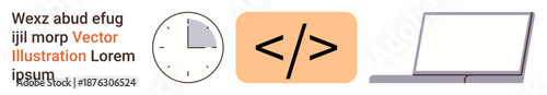Time management, coding, software development, programming, productivity workflow. Clock code symbol and laptop . Time management and coding. Line metaphor. Simple line icons