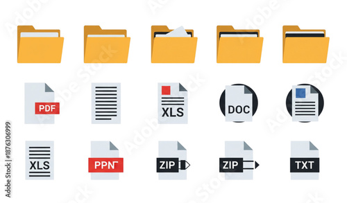 Folder and document file format icons flat vector symbol set isolated on transparent background