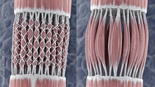 Detailed microscopic view of contracting muscle fibers and connective tissue