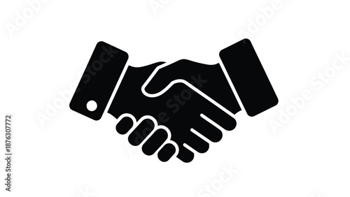 Two hands shaking in a firm business agreement with a solid black and white design
