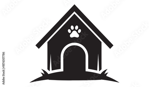 Black dog house with paw print on white background