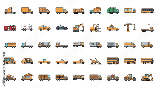 Collection of Various Vehicles and Machinery Icons.