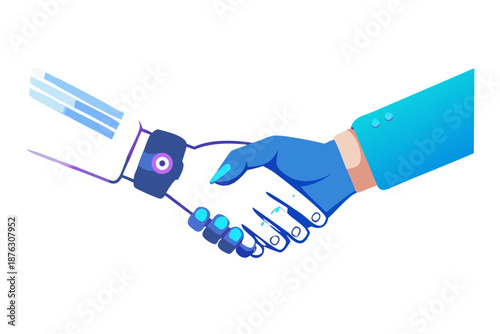 Vector illustration of a human hand shaking a robotic hand, representing AI partnership, clean white background, futuristic tech style.