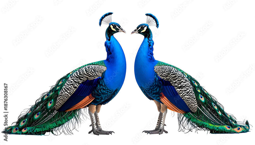 Fototapeta premium Two vibrant peacocks, face to face, display their magnificent, iridescent feathers