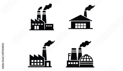 Industrial factory building icons with smoke stacks