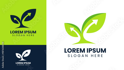 Leaf with arrow financial logo design template in clean minimalist vector illustration