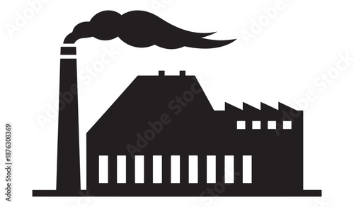 Black silhouette of industrial factory with smoking chimney isolated on white background