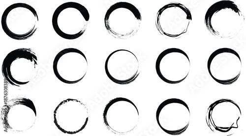 Set of hand drawn black ink brush stroke circles enso zen elements for design projects and logos