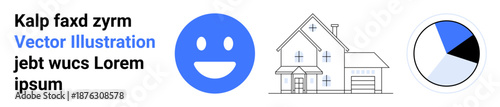 Branding, education materials, infographics, presentations, user interfaces, creative projects. Blue happy face, house outline pie chart graphic. Branding and education materials concept