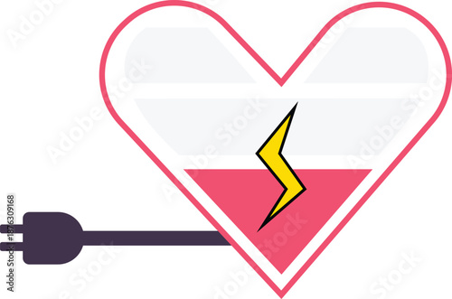 Creative flat vector illustration of a heart-shaped battery connected to a power plug, symbolizing recharging love, emotional energy, passion, and relationship power.