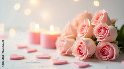 Clean White Background Still Life Featuring Roses, Candles And Hearts.
