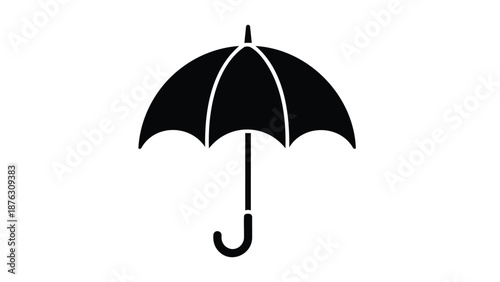Black umbrella icon with white lines on a plain white background symbolizing protection and weather