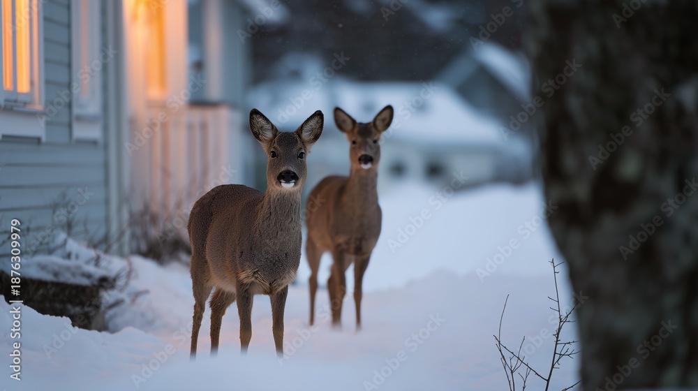 Obraz premium Two deer stand in the snow near a warmly lit house during a tranquil winter evening in a suburban neighborhood.