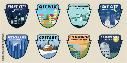 Set of City Landscape and Architecture emblem logo vector illustration template graphic design . bundle collection of various Skyscraper cabin and Waterfront Residential for Travel and Urban Branding