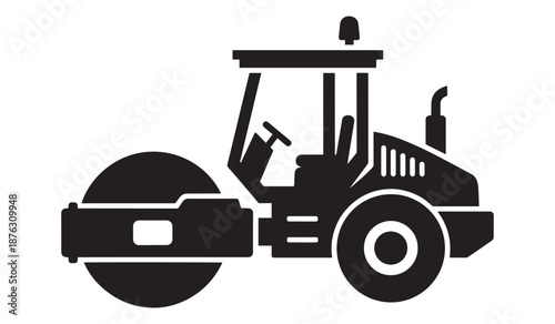Black silhouette of a road roller isolated on white background