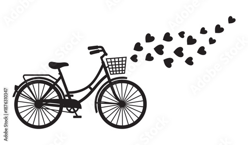 Black bicycle with hearts coming out of basket isolated on white background