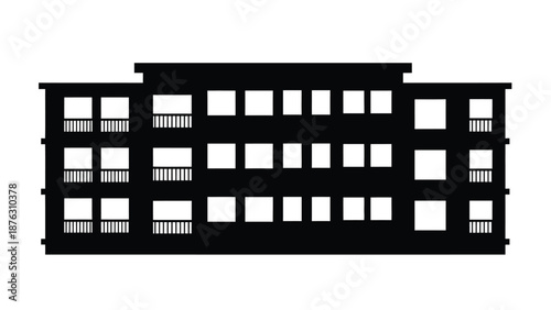 Large black silhouette of a modern multi story building with many windows and balconies on a white background