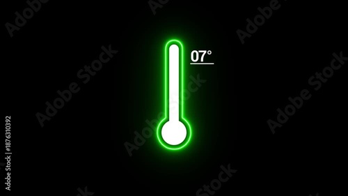 green color Neon line and white color Medical thermometer icon animation on black background . Thats indicates weather temperature 07°C .Thermometer equipment showing hot or cold weather.