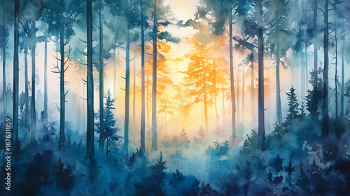  green forest depicted in a watercolor painting. Ideal for nature-themed designs
