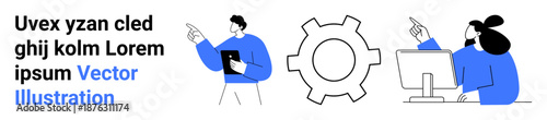 Professionals discussing strategies while analyzing a gear icon for teamwork or technical concepts. Ideal for collaboration, teamwork, planning, innovation, technology, business strategy, simple