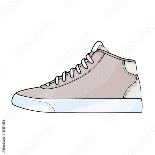 Side view of a beige high top sneaker. Vector illustration of a trendy sport shoe isolated on white. Flat design style for fashion and lifestyle icons.