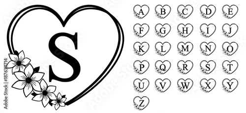 Heart Flower Frame Monogram Letters Font Alphabet Vector Designs