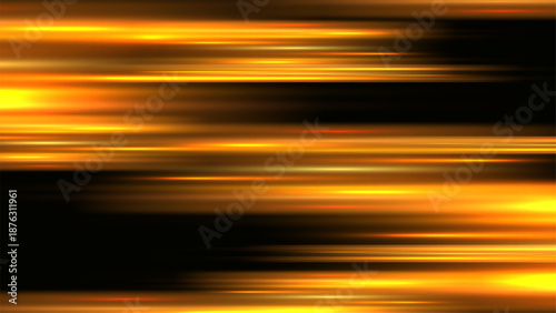 Abstract golden light streaks and horizontal motion blur on black background representing high speed energy and futuristic technology concepts