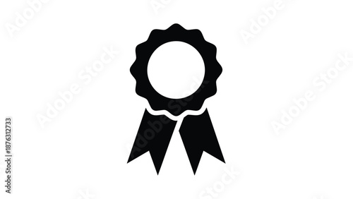 Black ribbon award icon with rosette and two tails on white background for recognition and achievement