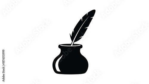 Black silhouette of a quill pen in an inkwell on white background symbolizing writing and literature