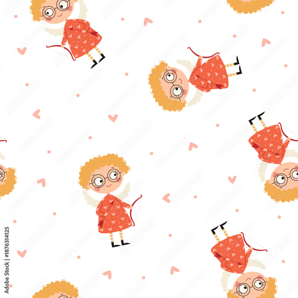 Fototapeta premium Seamless vector pattern. A cute cupid girl holding a bow and arrows, flat vector illustration on the theme of Valentine's Day. Vector illustration