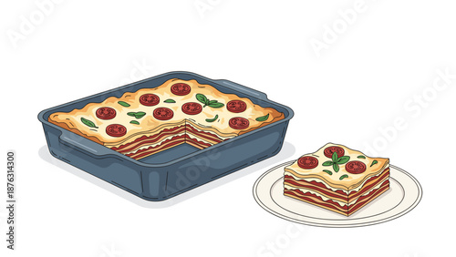 A delicious homemade lasagna in a baking dish with one slice served on a plate, illustrated in a cozy hand-drawn style.