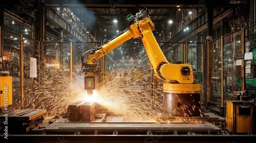 Yellow Industrial Robotic Arm in Automated Production Line with Sparks in Factory Setting, Dynamic and Energetic Manufacturing Machinery