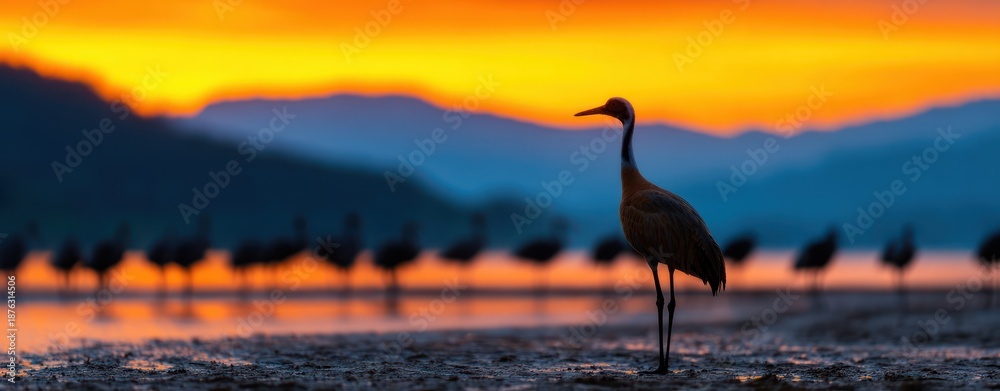 Fototapeta premium World Wetlands Day Sandhill Cranes Silhouetted Against Dramatic Sunset Over Mountain Landscape Conservation Concept Wetlands Sustain the Planet Future Depends on Wetlands