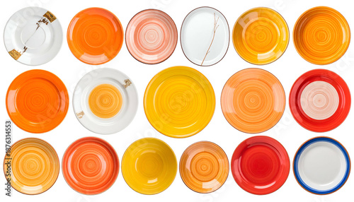 Overhead shot of a variety of colorful ceramic plates arranged against a stark black background