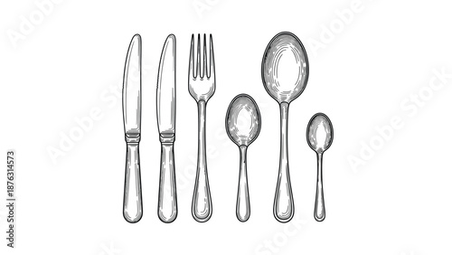 Elegant set of vintage cutlery illustrated in a detailed black and white engraving style, featuring knives, forks, and spoons for fine dining.