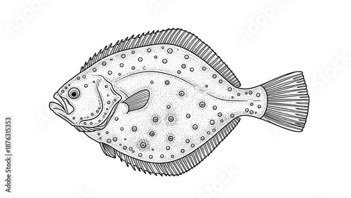 Highly detailed black and white dotwork and line art illustration of a flounder fish, showcasing its unique flat body and texture.