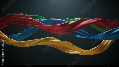 Graceful and Dynamic Colorful Ribbons Intertwine Elegantly Against Dark Background, Creating Flowing and Artistic Visual