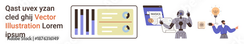 Automation technology, data analysis, workflow optimization, innovation, payment systems, artificial intelligence. Robot and invoice documents, human with light bulb. Automation and data analysis
