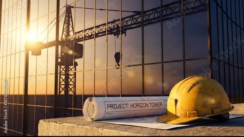 Construction Site at Sunset Crane Reflected in Glass Building with Hard Hat and Blueprints, Showcasing Progress and Ambition