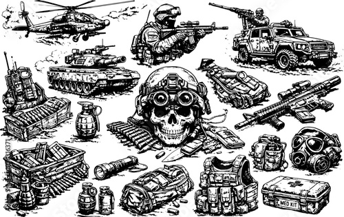Military Tactical Gear Icons Set: Black Line Art Vector Collection