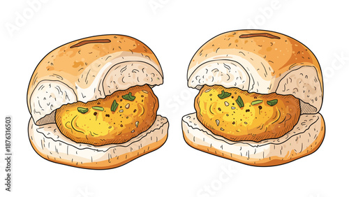 Colorful hand-drawn illustration of two Vada Pav, a popular Indian street food snack consisting of a potato fritter in a bread bun.