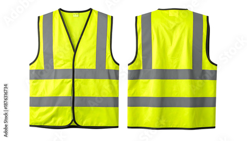 Front and back views of a bright yellow safety vest with reflective silver stripes