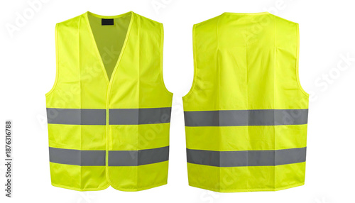 Two neon yellow safety vests, one front and one back view, with reflective stripes