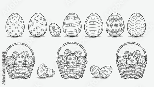 Large collection of hand-drawn Easter eggs with various patterns and wicker baskets full of eggs, illustrated in a vintage sketch style.